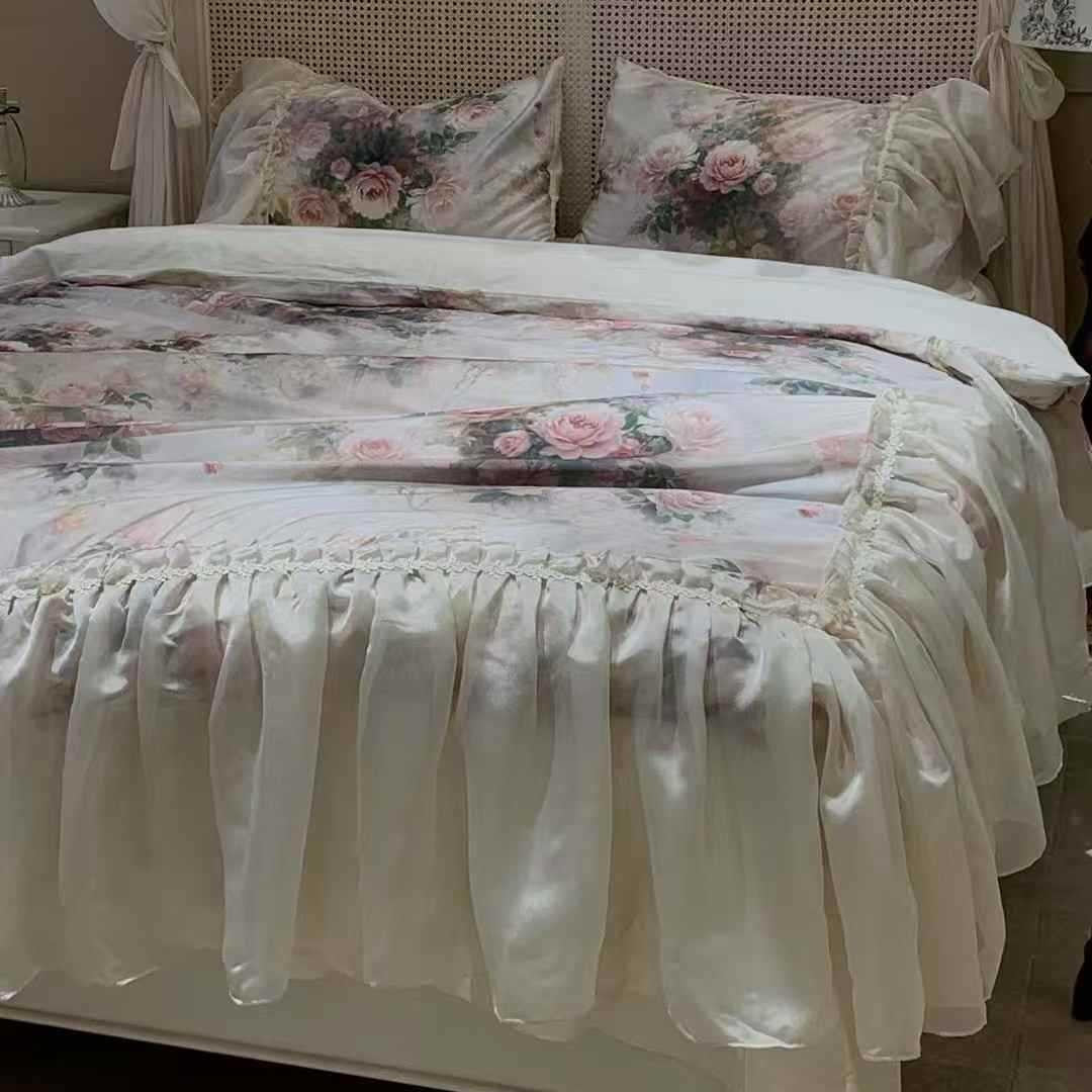 Floral Satin-Blend Ruffled Duvet Cover Set with Pillow Shams and Sheer Bed Skirt
