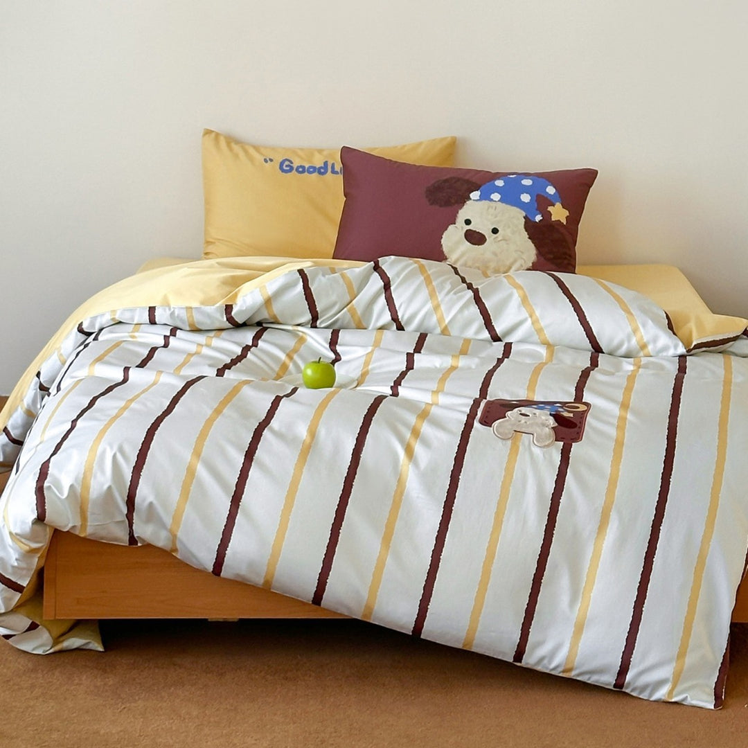 Polka Dot Embroidered Cotton Sateen Duvet Cover Set with Cute Black Cat Applique