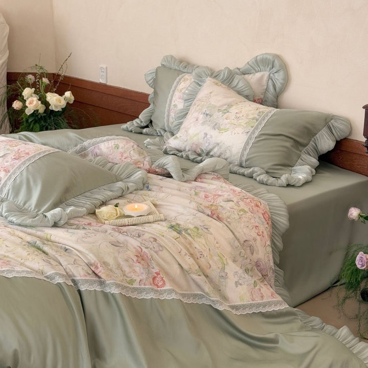 Bedding complete set with ruffle, lace applique, and floral watercolor print