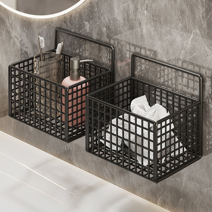 Wall-Mounted Metal Grid Bathroom Caddy with Triple Compartments Hooks and Drainable Base