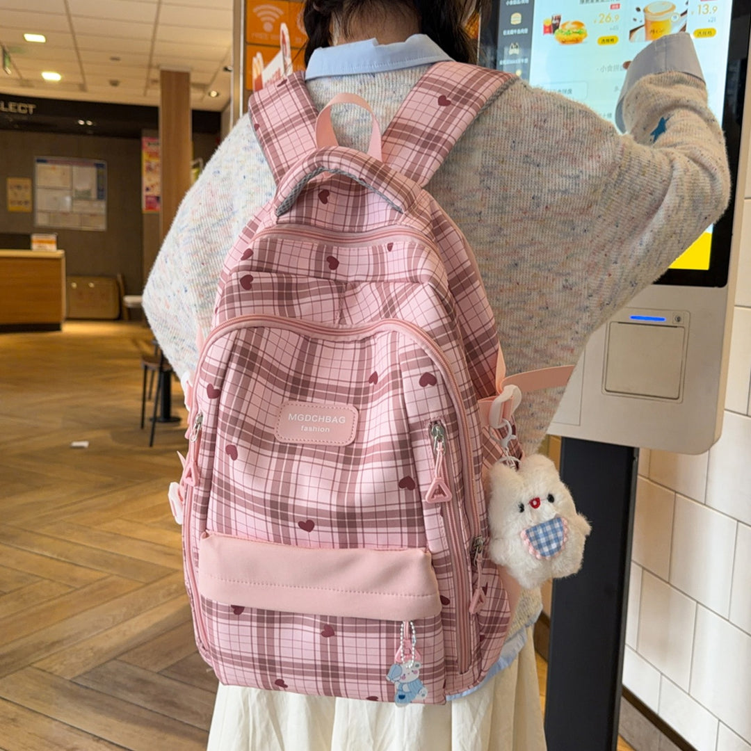 Stylish Checked Backpack with Heart Accents Stornfield