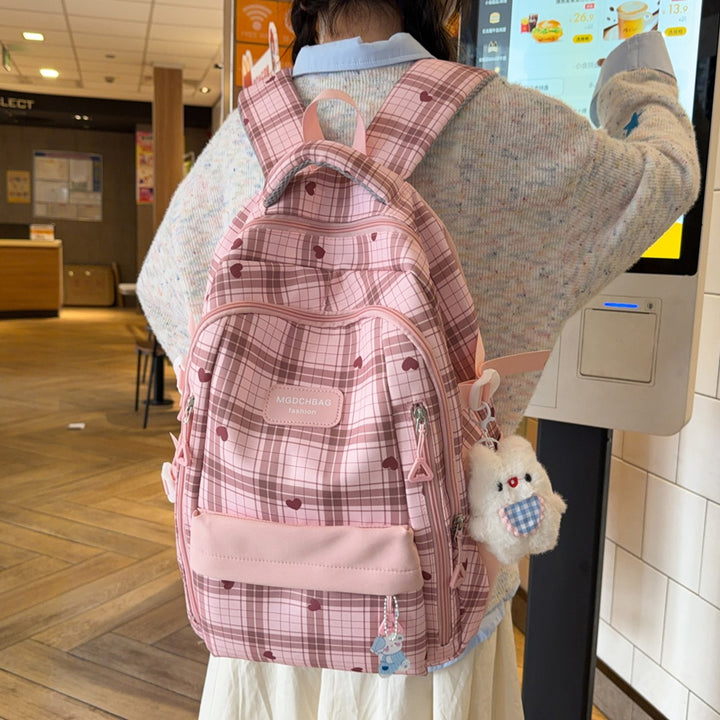 Stylish Checked Backpack with Heart Accents Stornfield