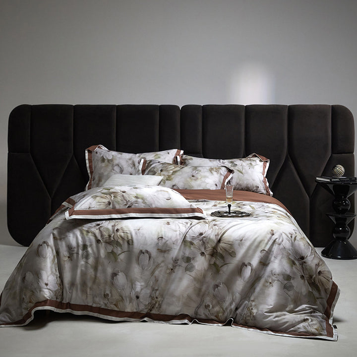 Botanical Watercolor Satin-Blend Reversible Duvet Cover Set with Piped Edge and Pillow Shams