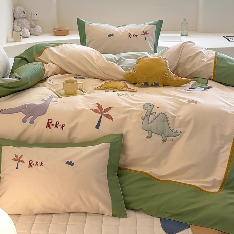 Embroidered Cartoon Rabbit Cotton Sateen Duvet Cover Set with Plush Accent Pillow