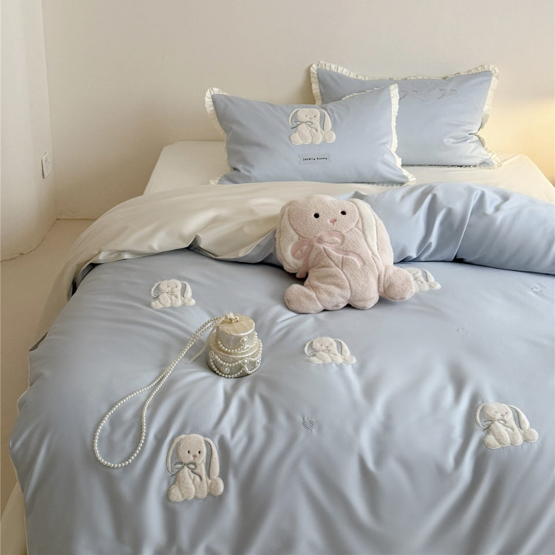 Plush Bunny Embroidered Ruffled Cotton Sateen Duvet Cover Set