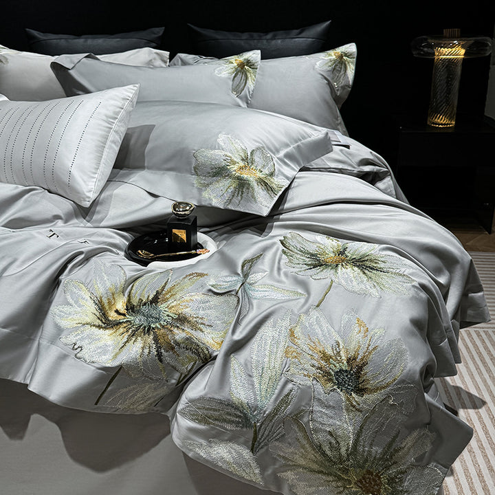 Luxury Embroidered Botanical Cotton-Sateen Duvet Cover Set with Decorative Pillow Shams