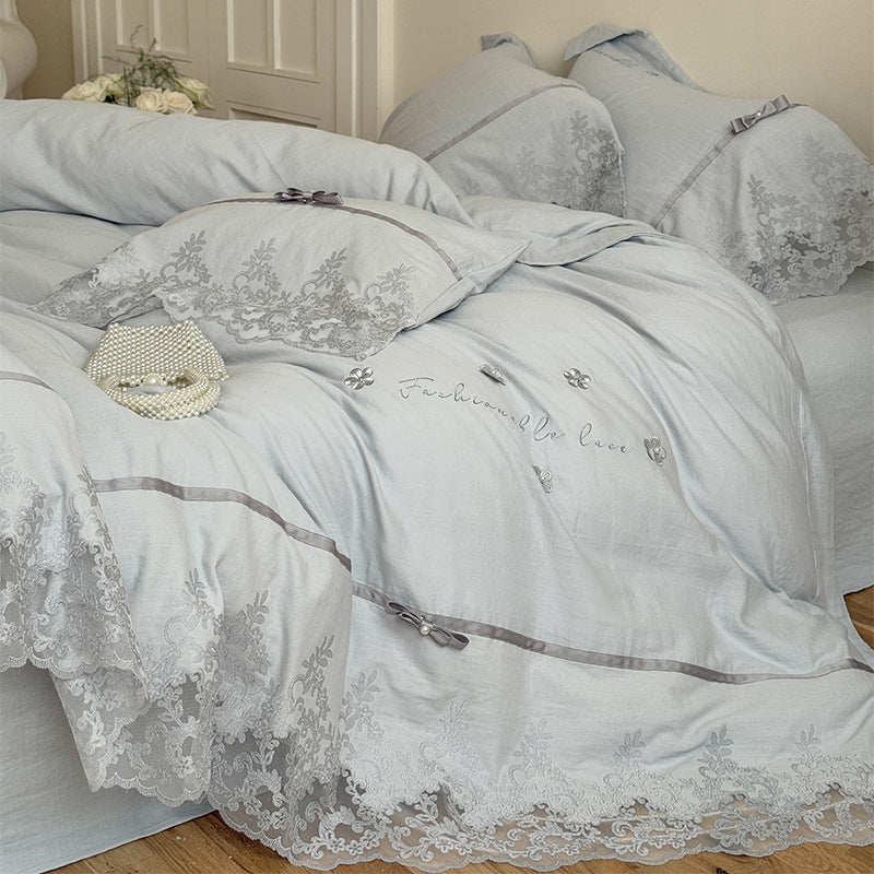 Romantic Lace-Edged Embroidered Duvet Cover Set with Satin Ribbon Trim & Scalloped Hem