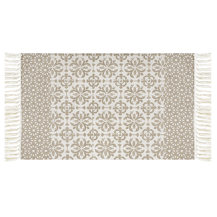 Flat-woven cotton runner with Mediterranean tile jacquard and decorative fringes Stornfield