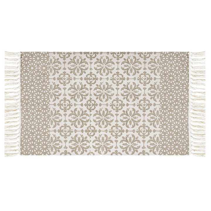 Flat-woven cotton runner with Mediterranean tile jacquard and decorative fringes Stornfield