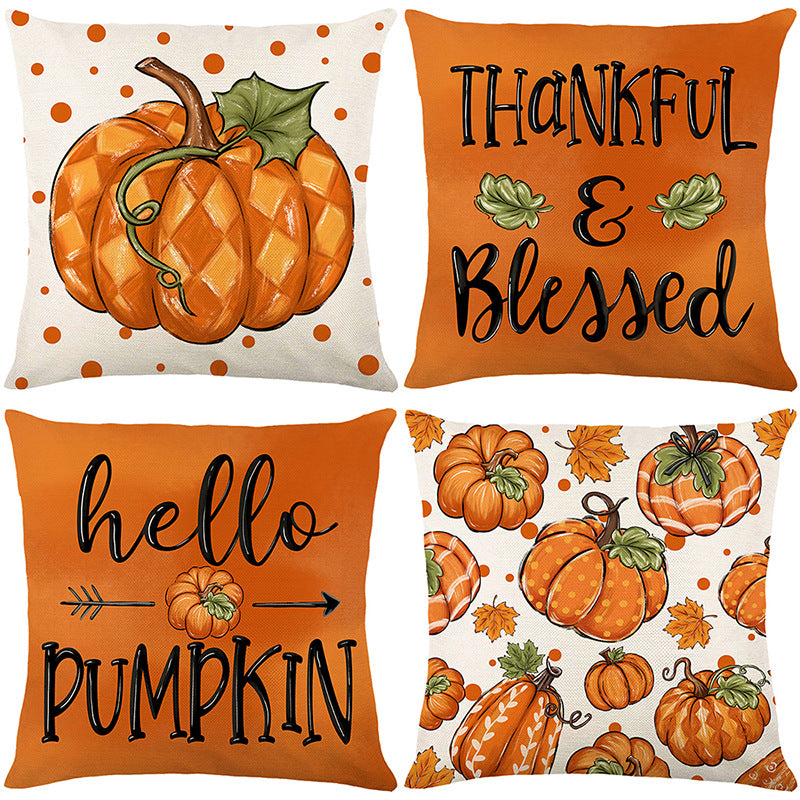 Autumn Harvest Linen-Texture Decorative Throw Pillow Cover with Thankful & Blessed Print