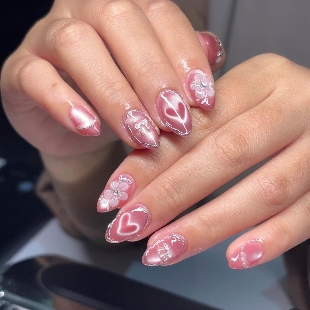 Decorative Press-On Nail Art Set with Unique Heart and Floral Designs Stornfield