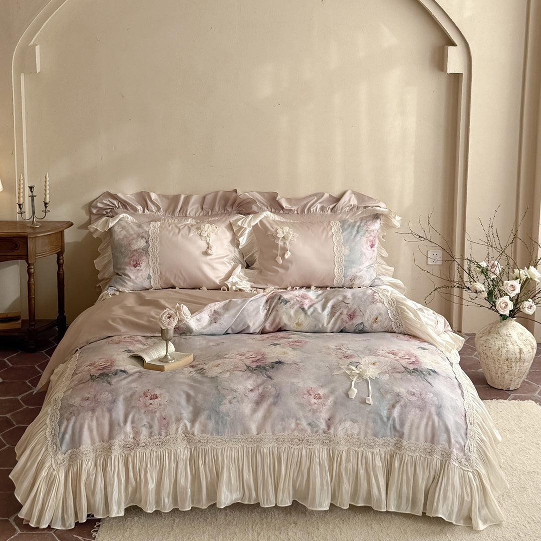 Romantic Vintage-Style Silk-Feel Floral Duvet Cover Set with Pleated Bedskirt & Lace Appliqué