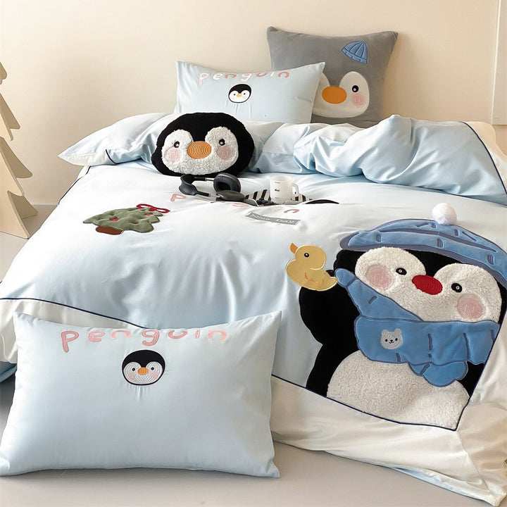 Children's Penguin Appliqué Duvet Cover Set with Plush Accent Pillow