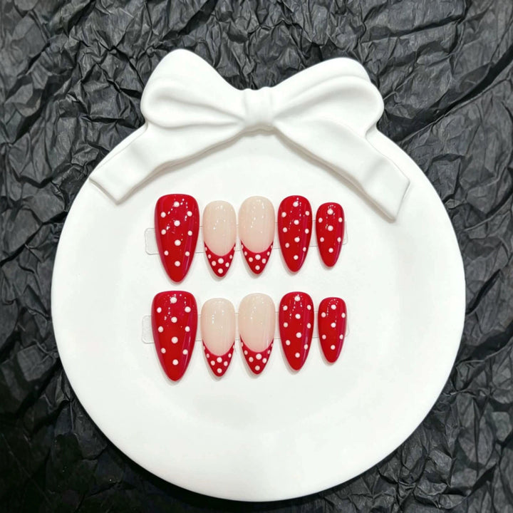 Playful Press-On Nail Art Set with Dotted Red Design