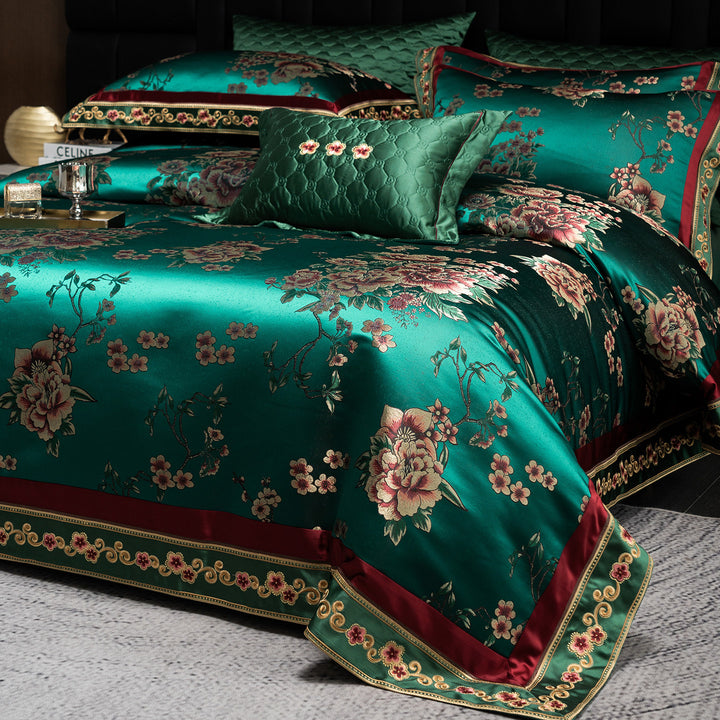 Luxury Satin Floral Jacquard Duvet Cover Set with Quilted Accent Pillow