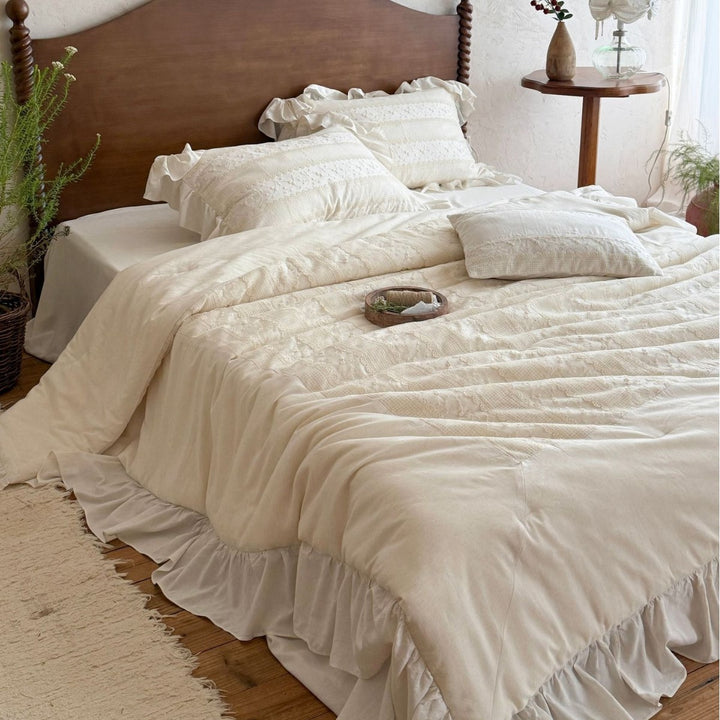 Ruffled Quilted Cotton Comforter & Pillow Sham Set