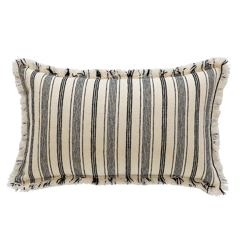 Square Woven Cotton Stripe Accent Pillow with Fringed Border and Removable Cover