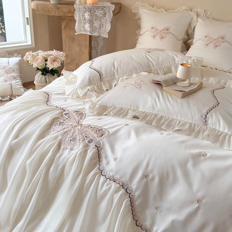 Ruffled Embroidered Bow Duvet Cover Set with Pleated Bed Skirt