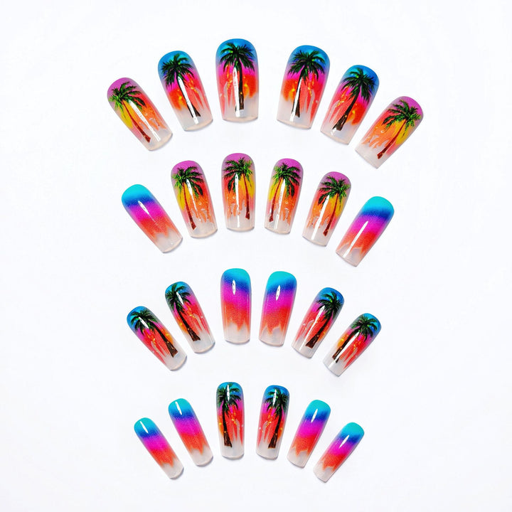 Artificial nails with tropical palm and sunset design Stornfield