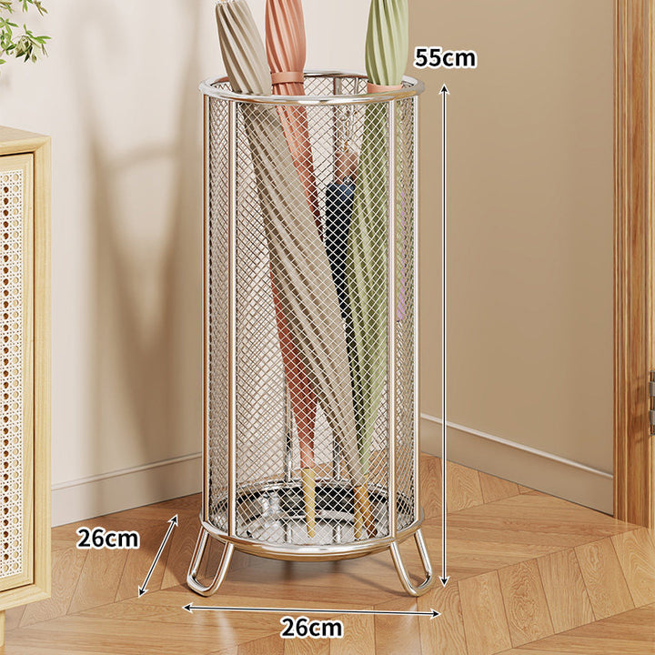 Cylindrical Perforated Metal Umbrella Stand with Raised Legs and Ventilated Mesh Body