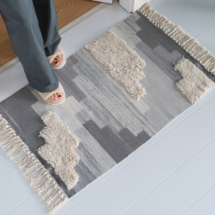 Modern structured living rug with partial shag application and abstract stripe pattern