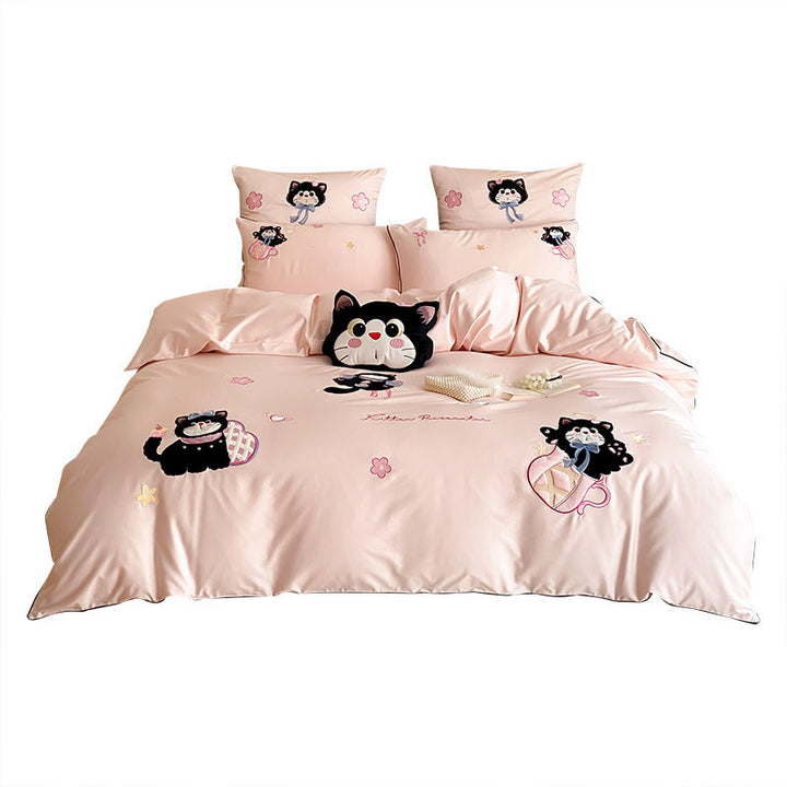 Embroidered Kitten Cotton-Sateen Duvet Cover Set with Pillow Shams
