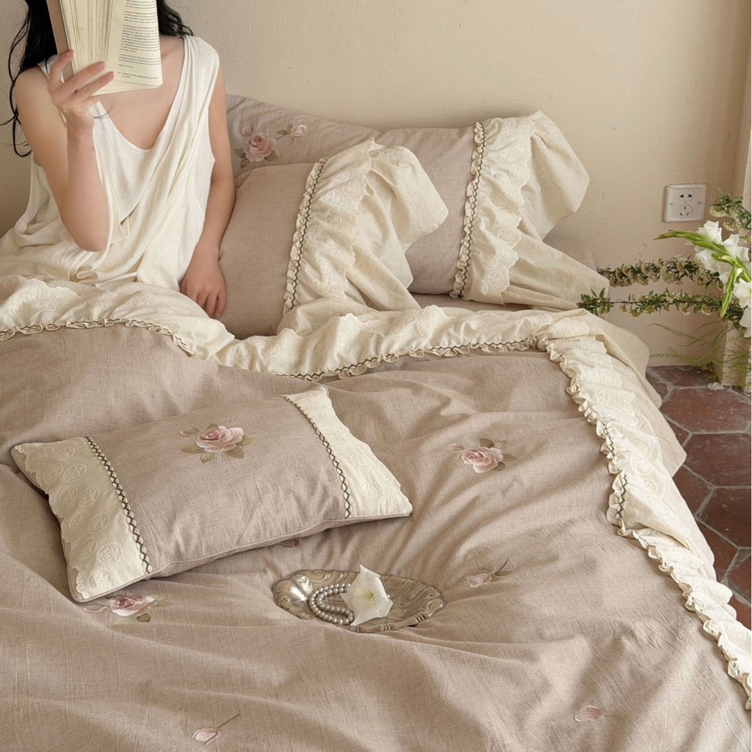 Ruffled Embroidered Rose Cotton-Linen Duvet Cover Set with Bed Skirt & Decorative Shams
