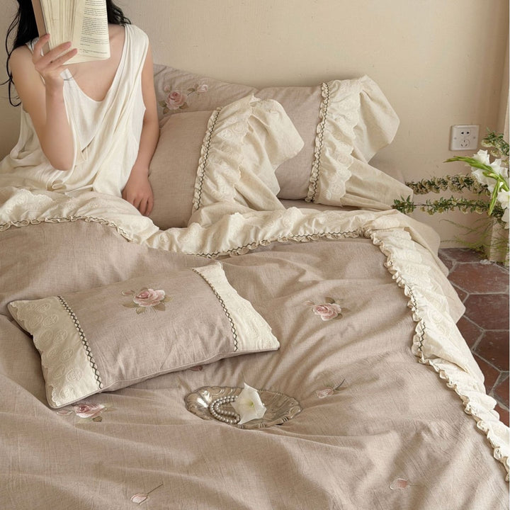 Ruffled Embroidered Rose Cotton-Linen Duvet Cover Set with Bed Skirt & Decorative Shams