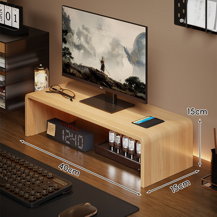 Low-Profile Curved Desktop Monitor Platform with Integrated Under-Shelf Organizer and Ambient Backlight