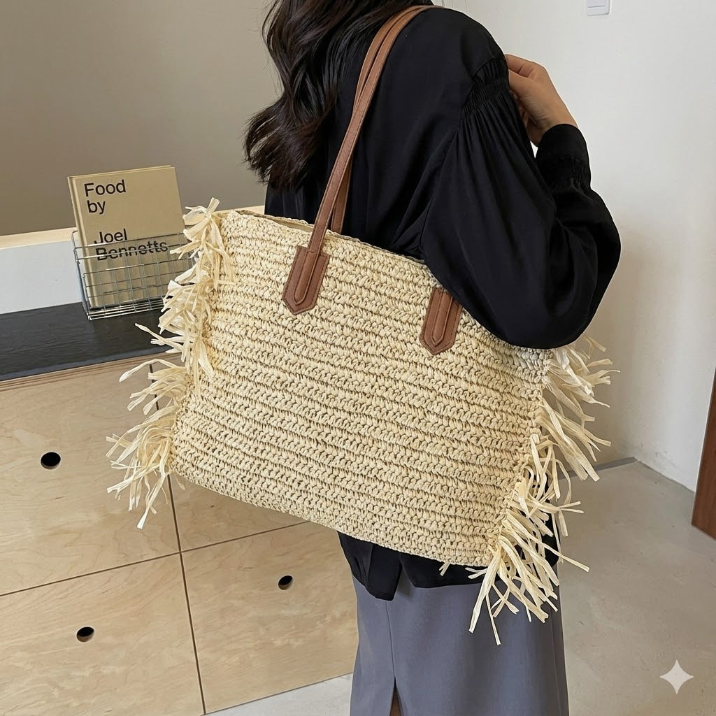 Beach bag with fringed design and sturdy leather handles Stornfield