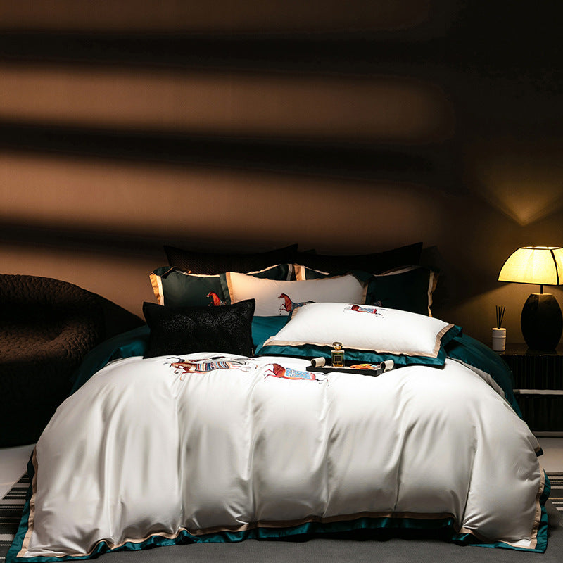 Luxury Satin Embroidered Duvet Cover Set with Horse Motif