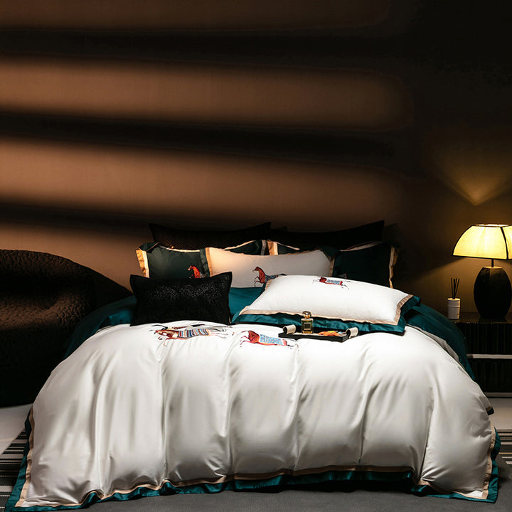Luxury Satin Embroidered Duvet Cover Set with Horse Motif