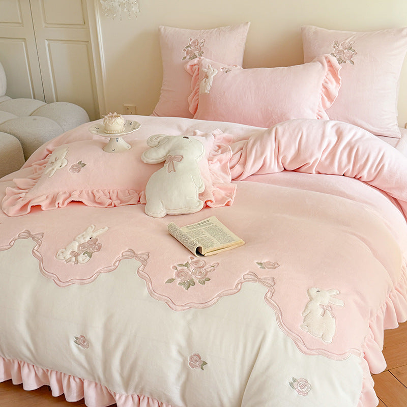 Luxurious bedding set with ruffles and floral embroidery