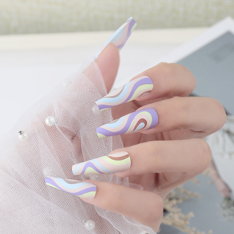Artistic Long Press-On Nail Set with Colorful Wave Design Stornfield