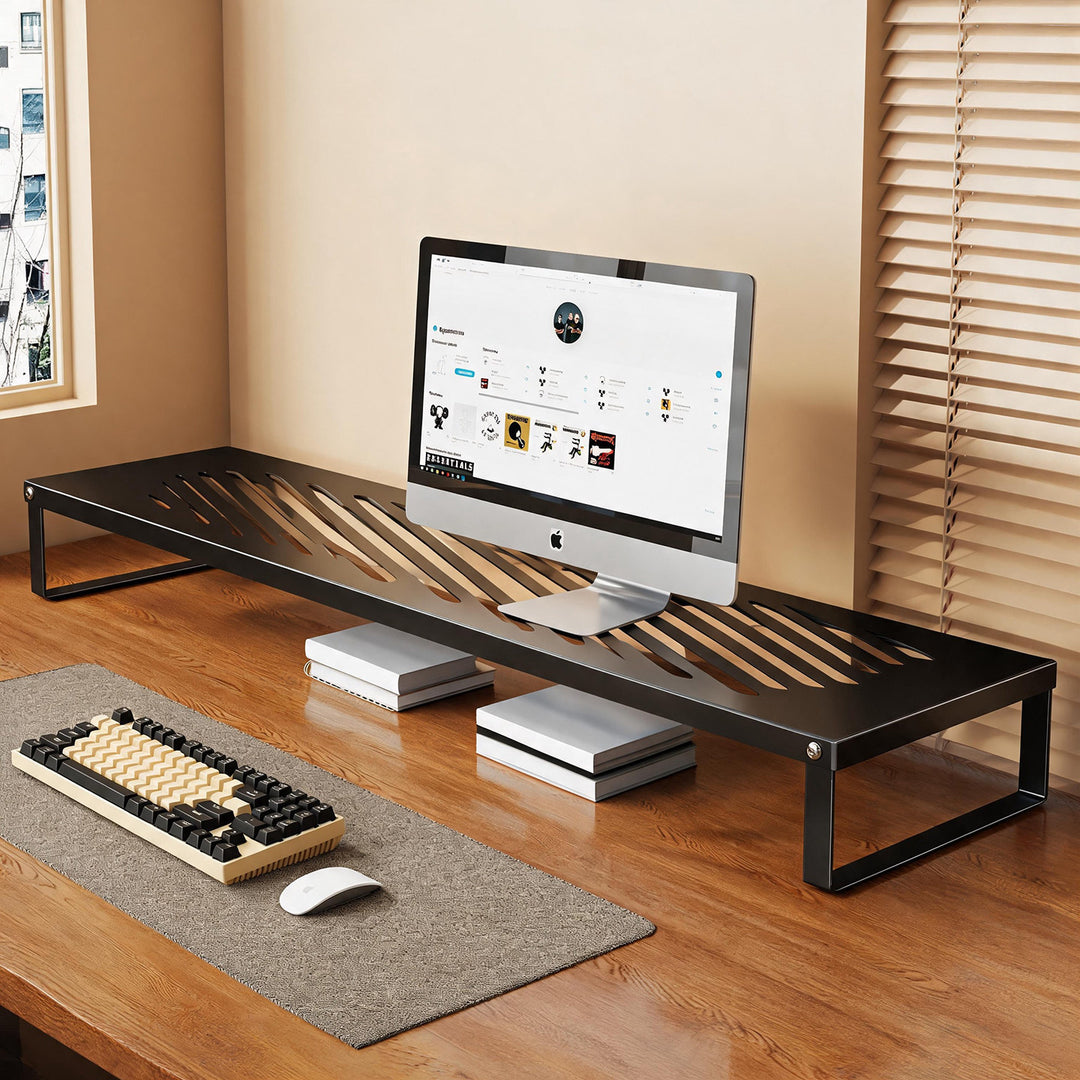 Slim Ventilated Steel Laptop and Monitor Riser with Wide Shelf and Cable Slots
