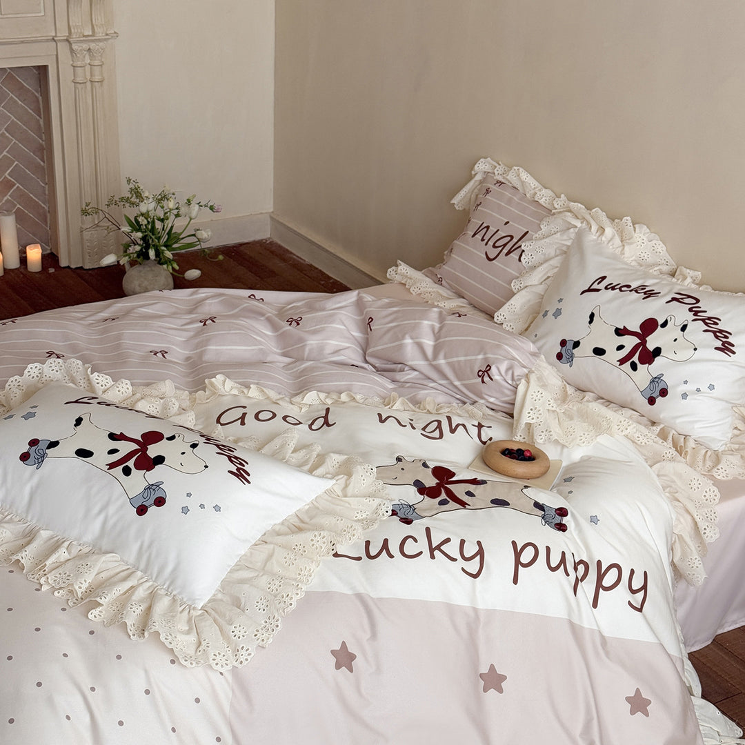 Ruffled Cotton Duvet Cover Set with Puppy Print and Eyelet Lace Trim