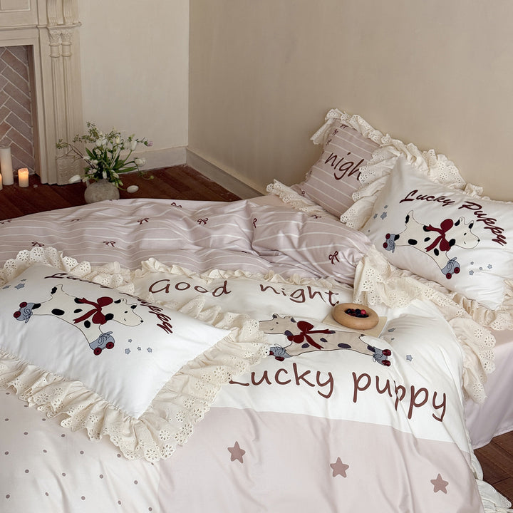 Ruffled Cotton Duvet Cover Set with Puppy Print and Eyelet Lace Trim