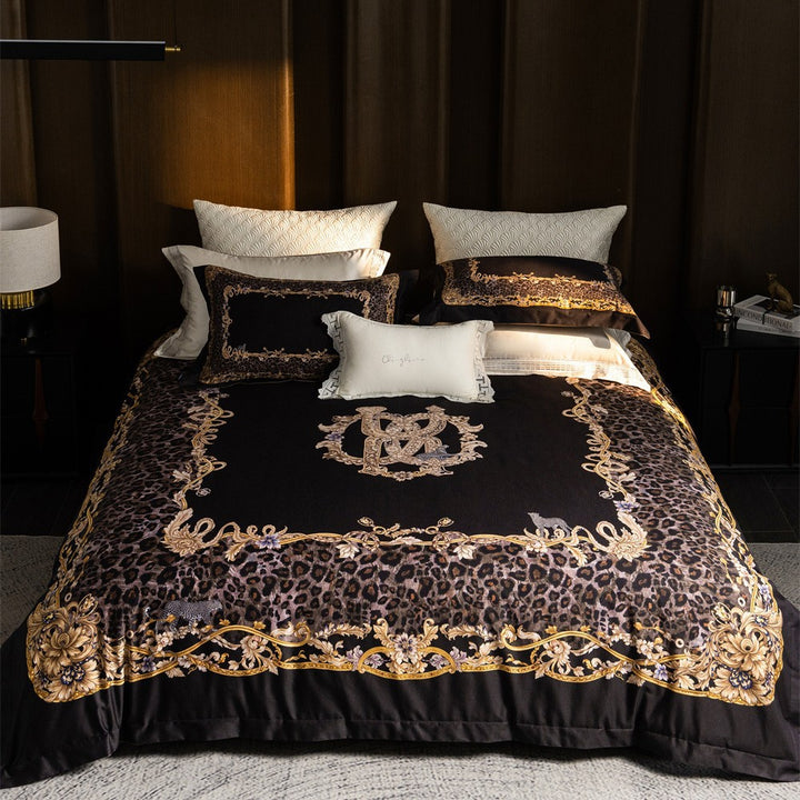 Luxurious satin bedding set with baroque leopard pattern