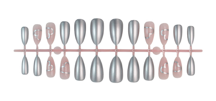 Artificial nail set with luxurious silver finish and heart motifs Stornfield