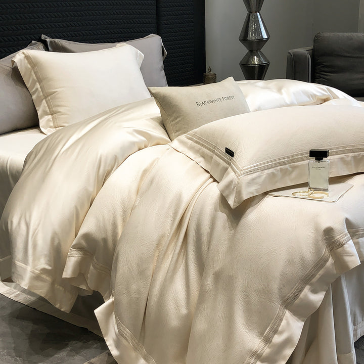 Luxury Textured-Border Egyptian Cotton Duvet Cover Set with Decorative Shams