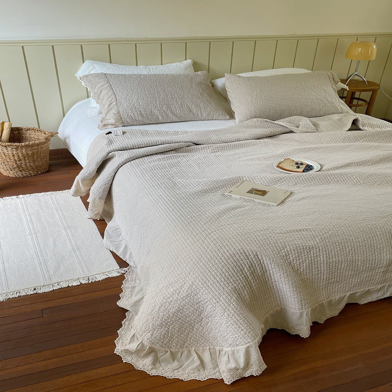 Quilted Washed Linen Bedspread Set with Frayed Lace Edge and Matching Pillow Shams