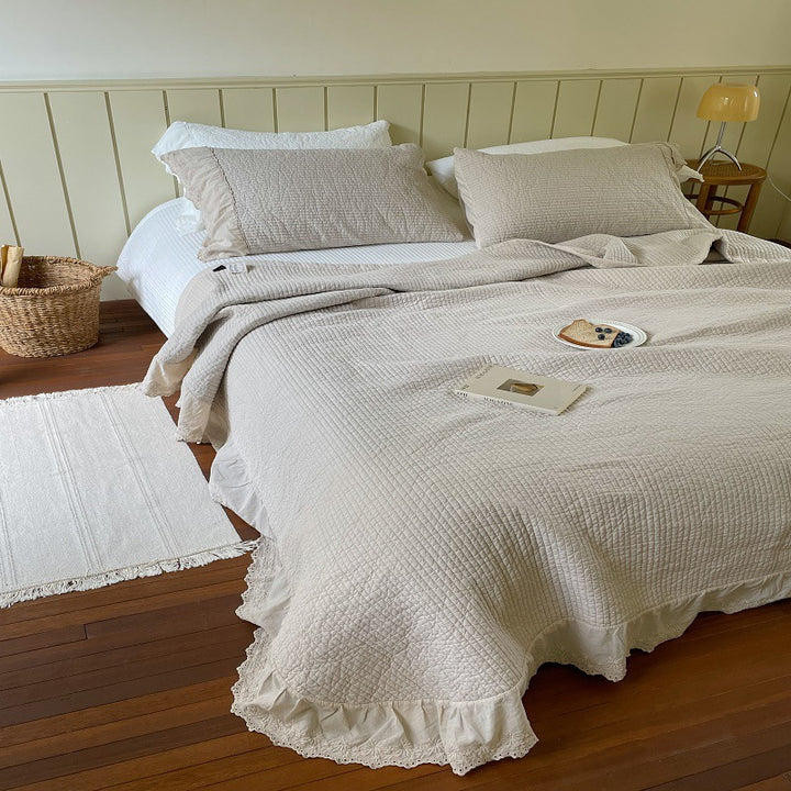 Quilted Washed Linen Bedspread Set with Frayed Lace Edge and Matching Pillow Shams