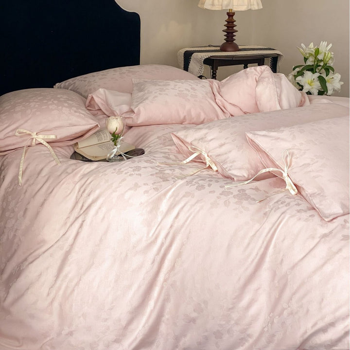 Floral Jacquard Satin-Feel Duvet Cover Set with Tie-Closure Pillow Shams