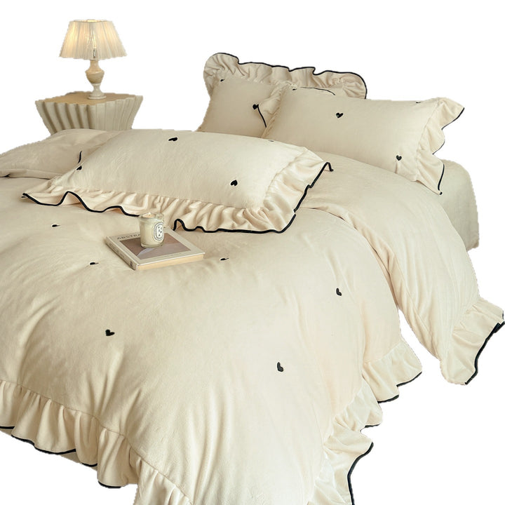 Romantic bedding set with ruffle, velvety soft microfleece surface and embroidered hearts