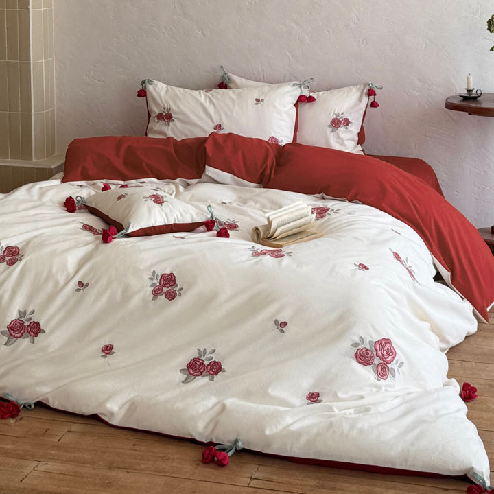 Embroidered Rose Cotton Sateen Reversible Duvet Cover Set