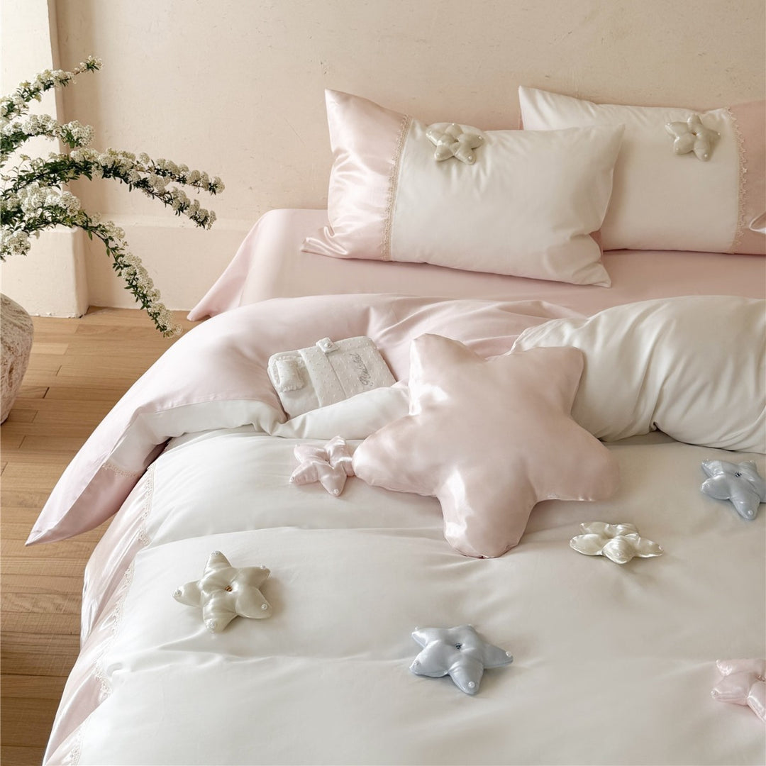 Luxury Silk-Feel Satin Duvet Cover Set with 3D Star Appliqué & Lace Trim
