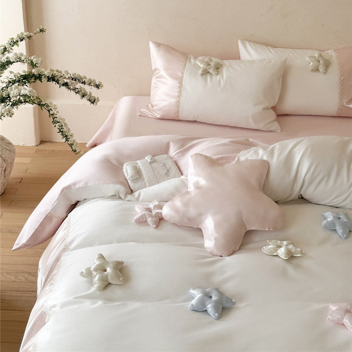 Luxury Silk-Feel Satin Duvet Cover Set with 3D Star Appliqué & Lace Trim
