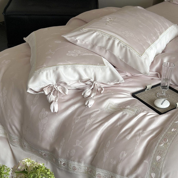 Premium Silk-Blend Floral Embroidered Bedding Ensemble with Bolster and Tie-Trim Pillow Shams