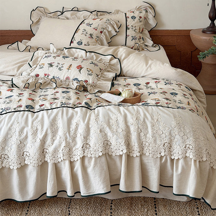 Embroidered Floral Ruffled Duvet Cover and Pillowcase Set
