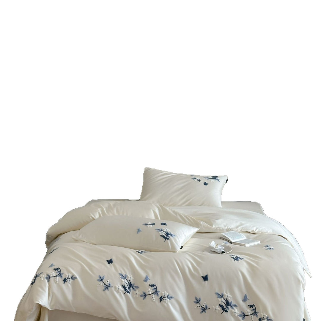 Luxurious satin bedding set with blue flower embroidery